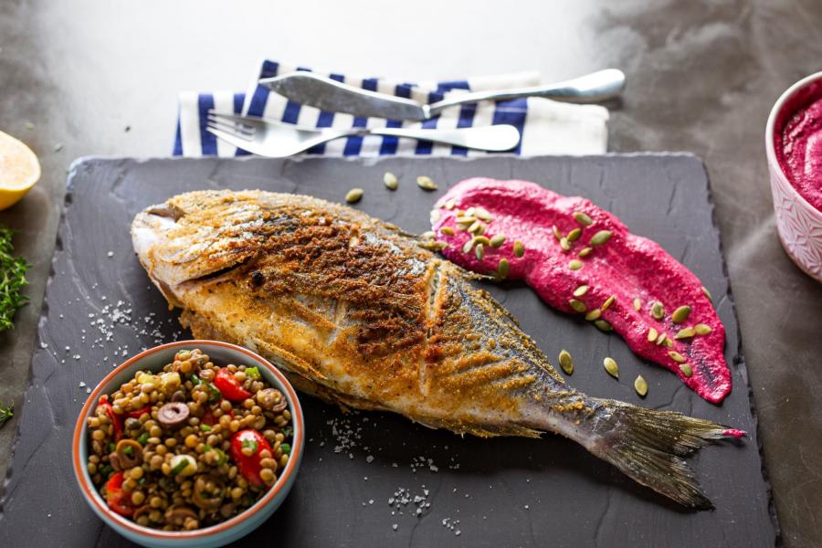 Super Boost Sea Bream, with a Beetroot Puree and Lentil Salad served fresh